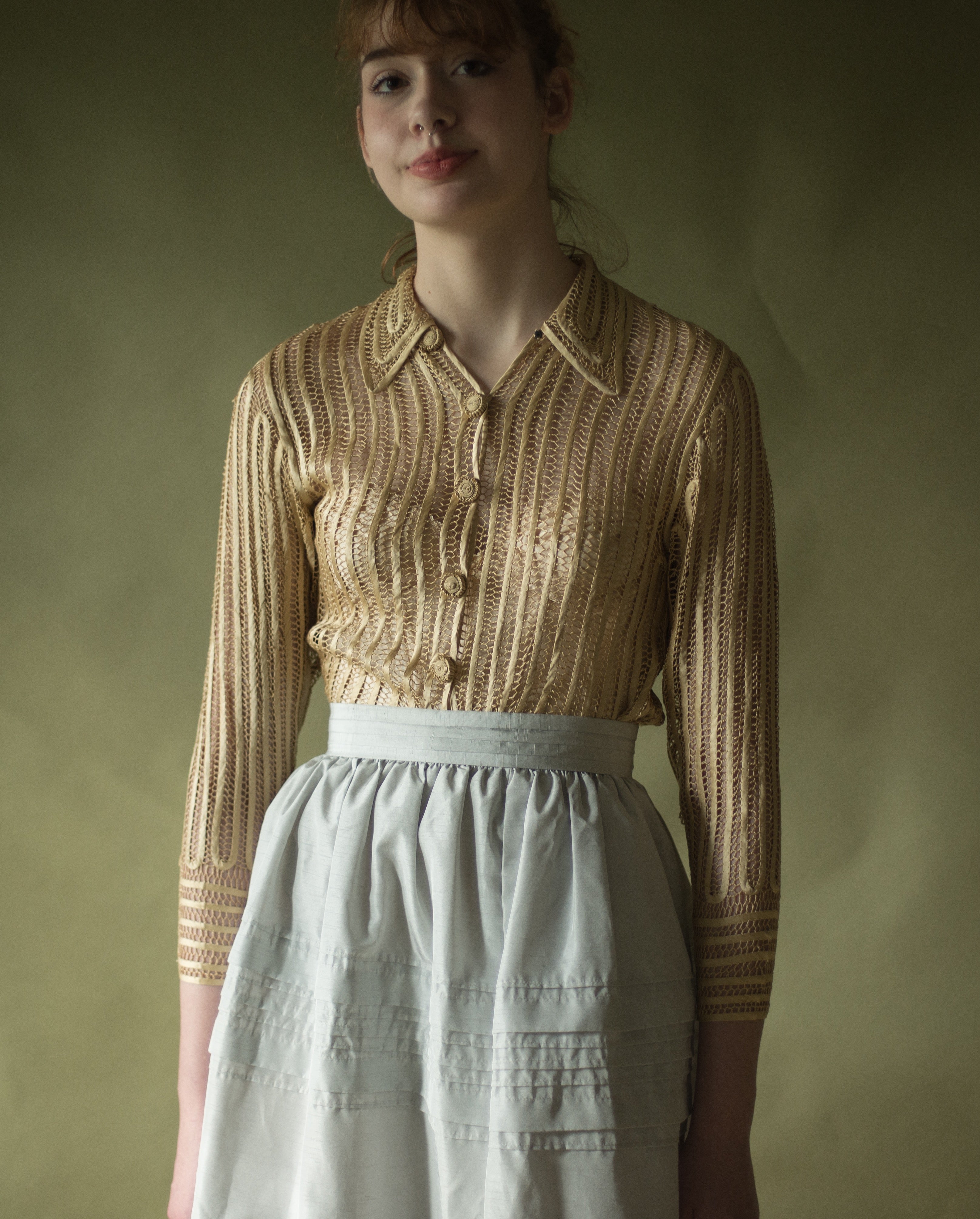 1940s gold silk hand stitched tape ribbon lace blouse, 32” bust