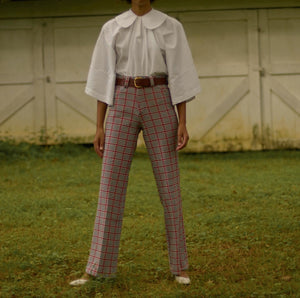 1970s houndstooth plaid mid high rise bell bottom trousers, 28-29W