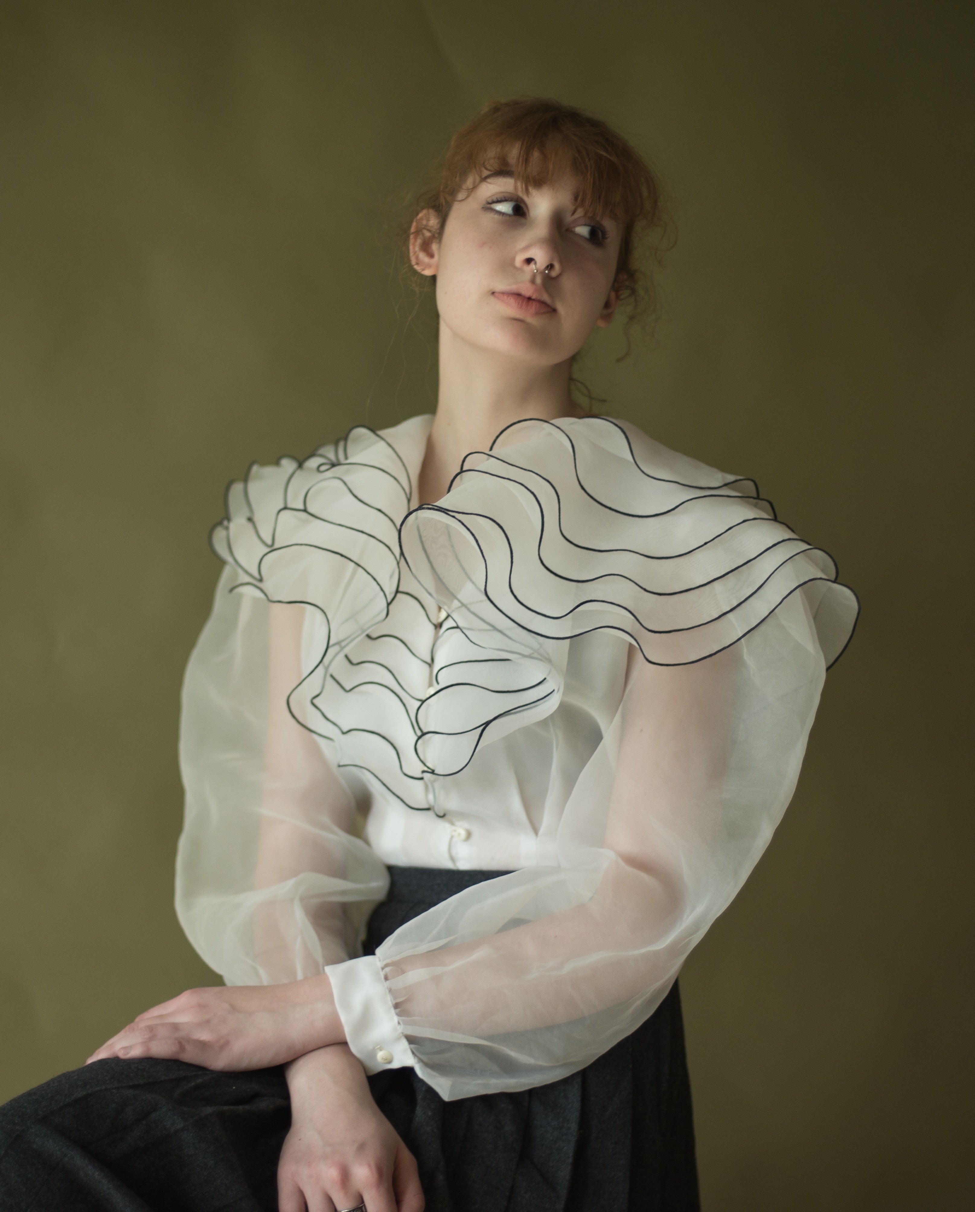 80s ethereal organza tiered ruffle collar blouse with puff sleeve, 30” waist