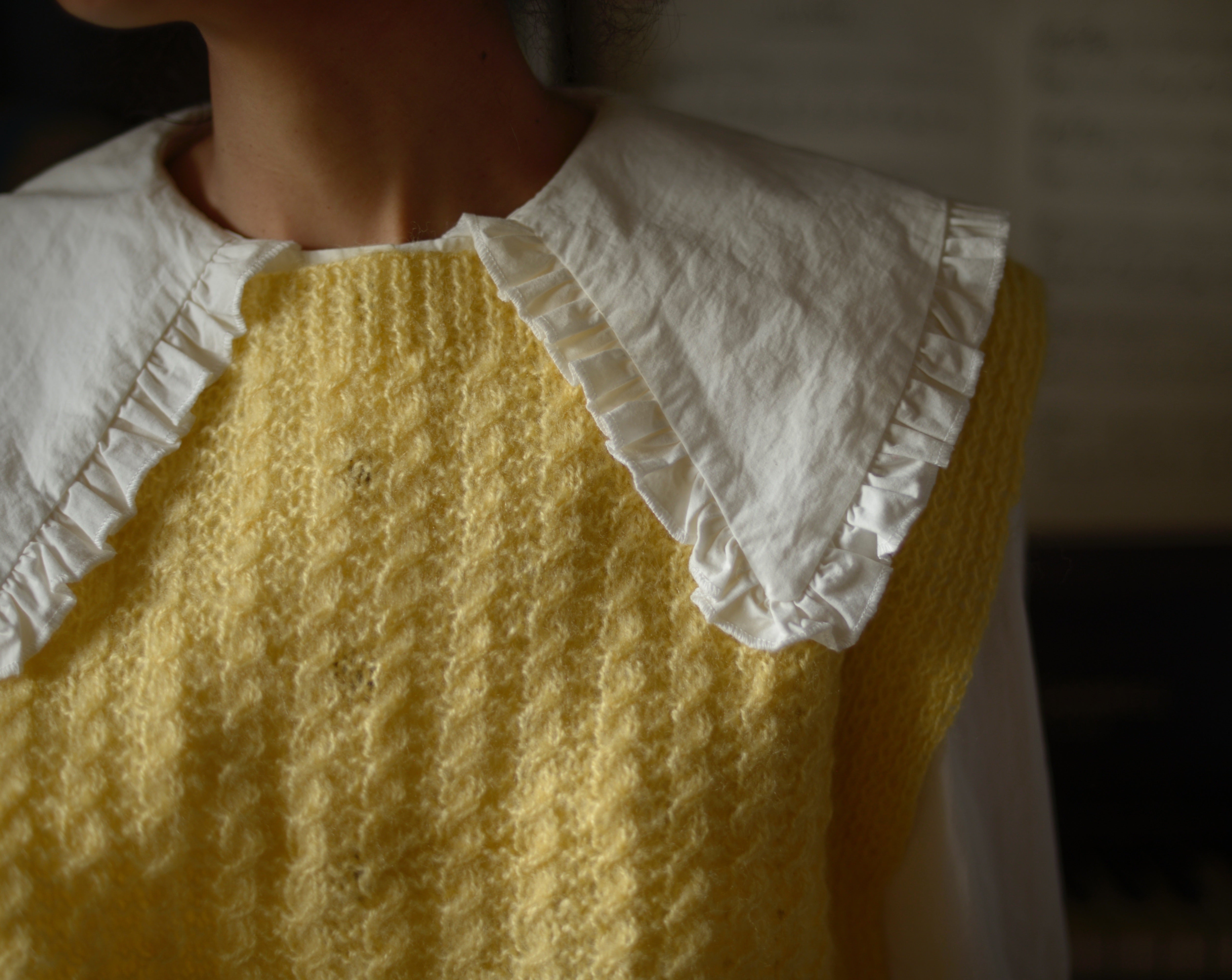 80s yellow hand knit mohair wool gilet, one size