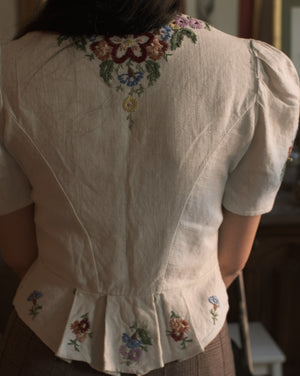 Vintage hand embroidered heavy linen puff sleeve folk blouse, s-m