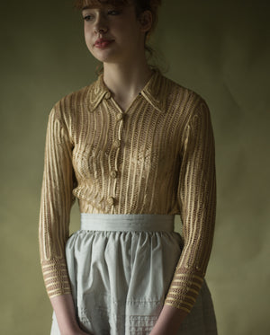 1940s gold silk hand stitched tape ribbon lace blouse, 32” bust