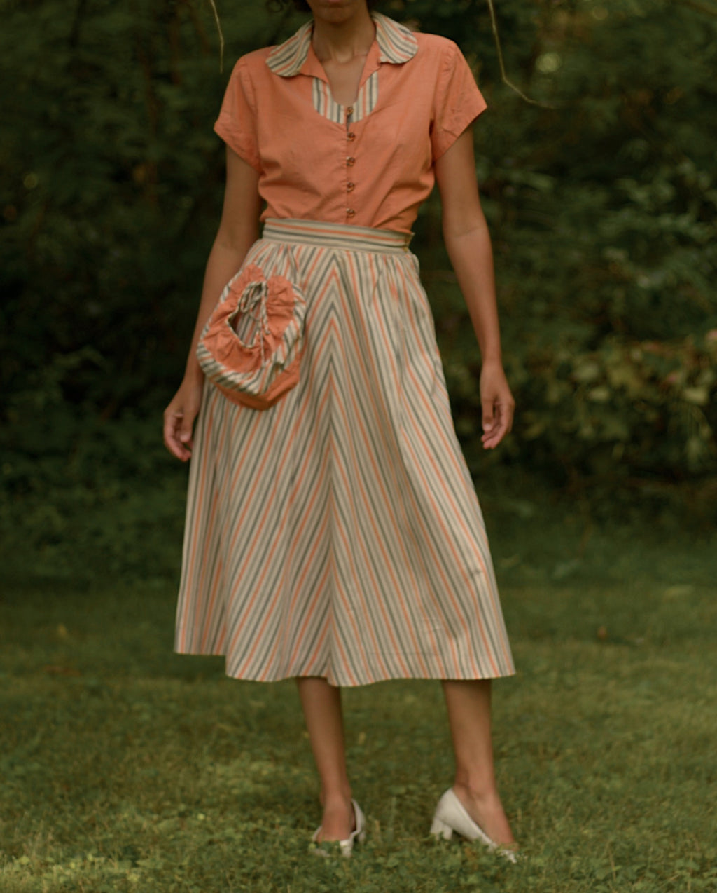 1940s striped skirt set with keyhole neckline and pouch pocket, small