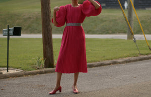 1980s George F Couture raspberry plissé pleat balloon sleeve skirt set, fits up to large
