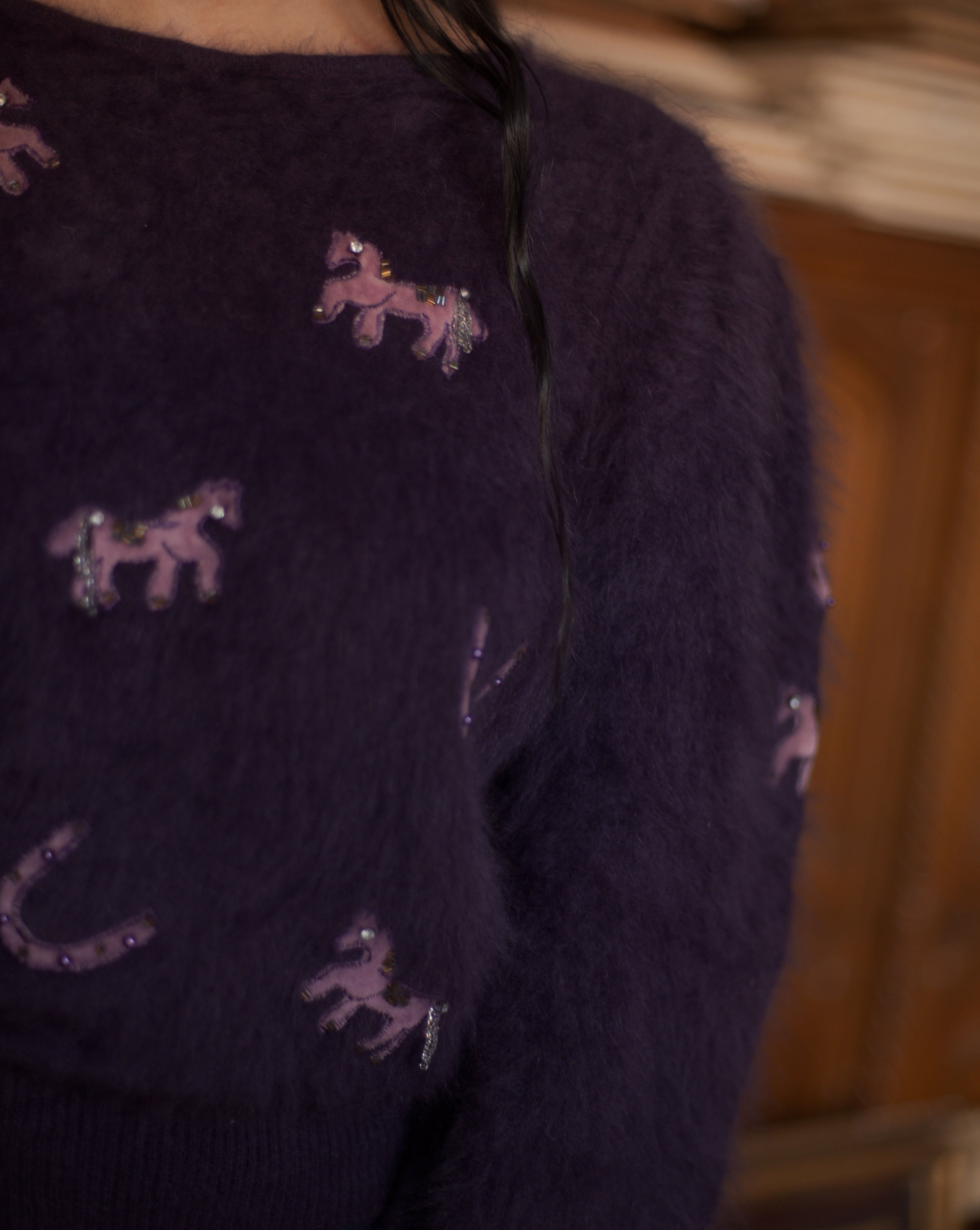 1980s angora puff sleeve horse appliqué sweater