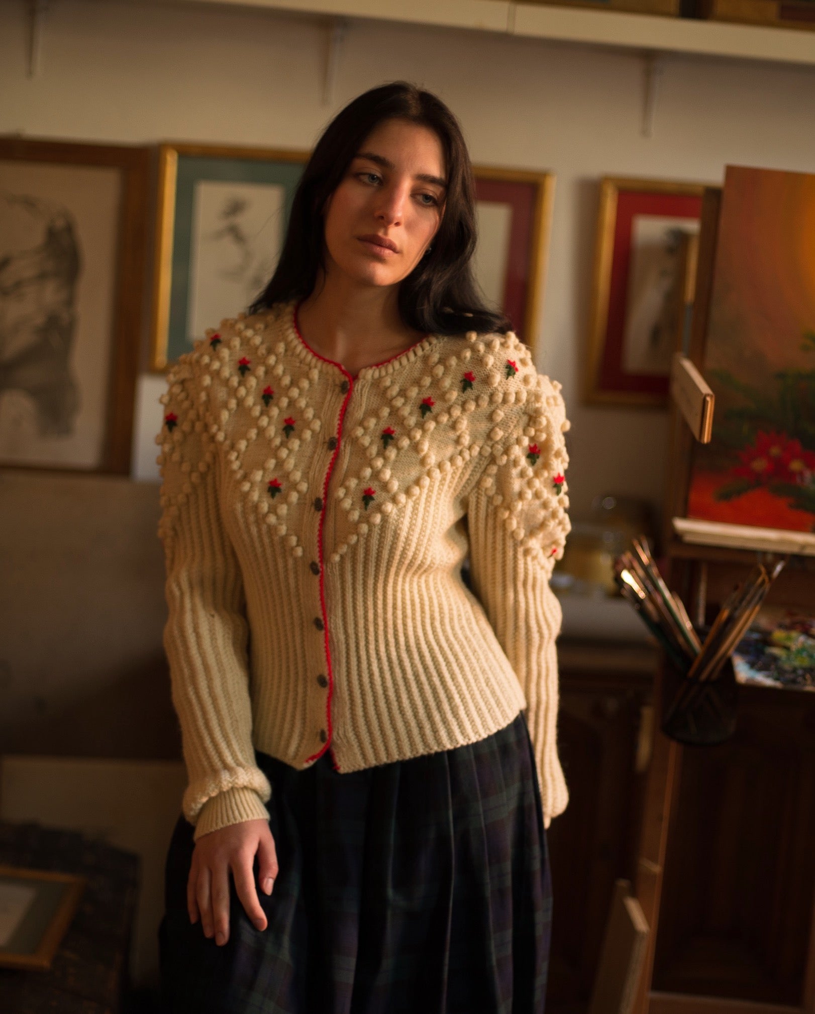 Vintage wool hand knit bobble knit trachten cardigan sweater