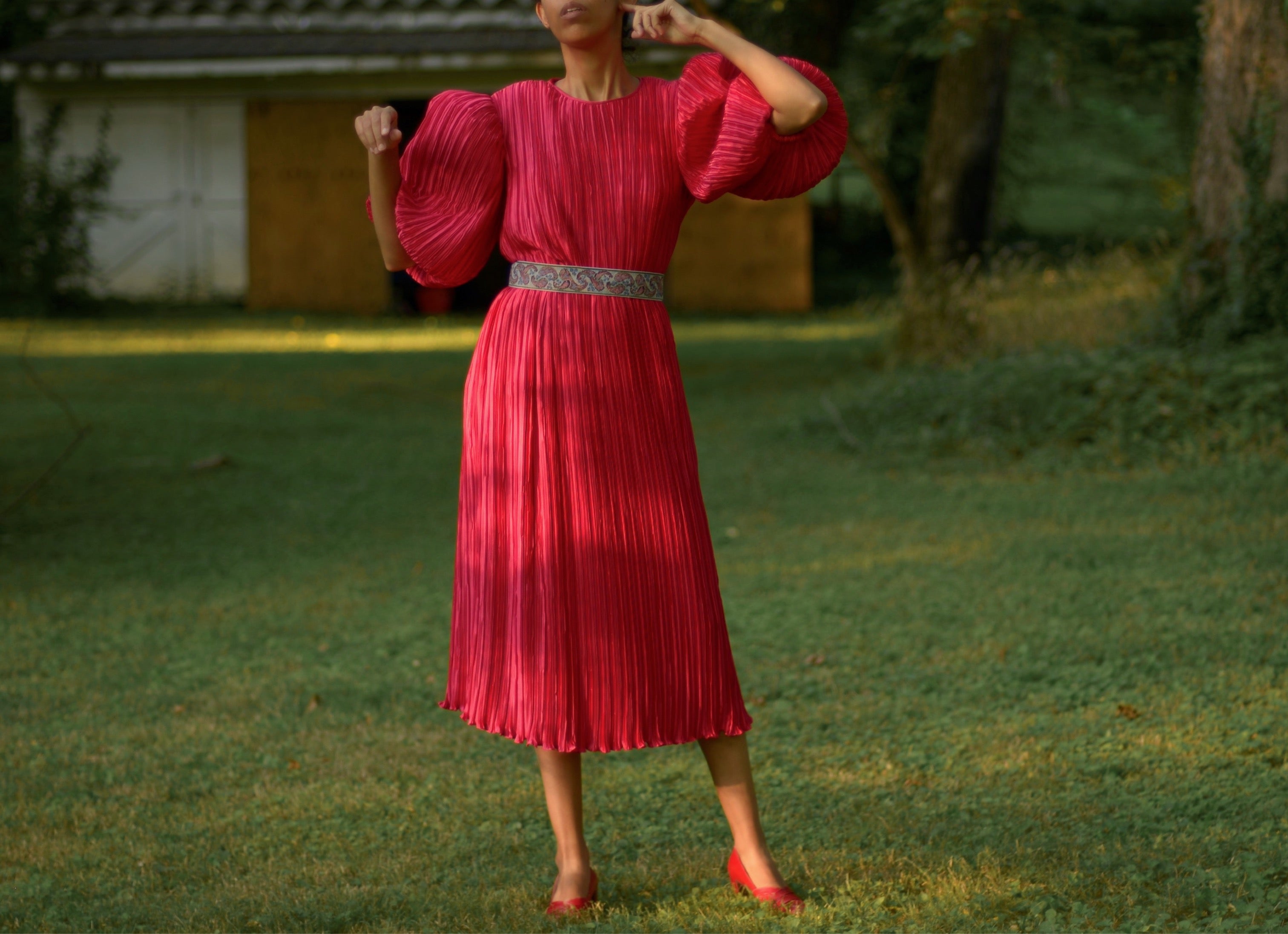 1980s George F Couture raspberry plissé pleat balloon sleeve skirt set, fits up to large