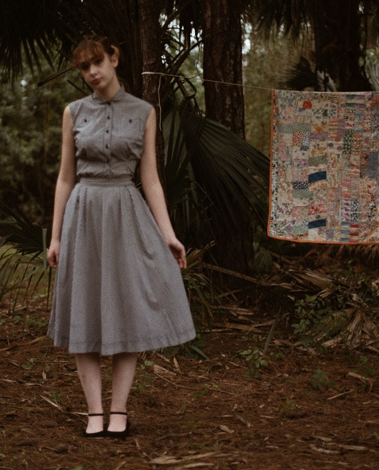 1940s cotton poplin gingham skirt set, xs-s