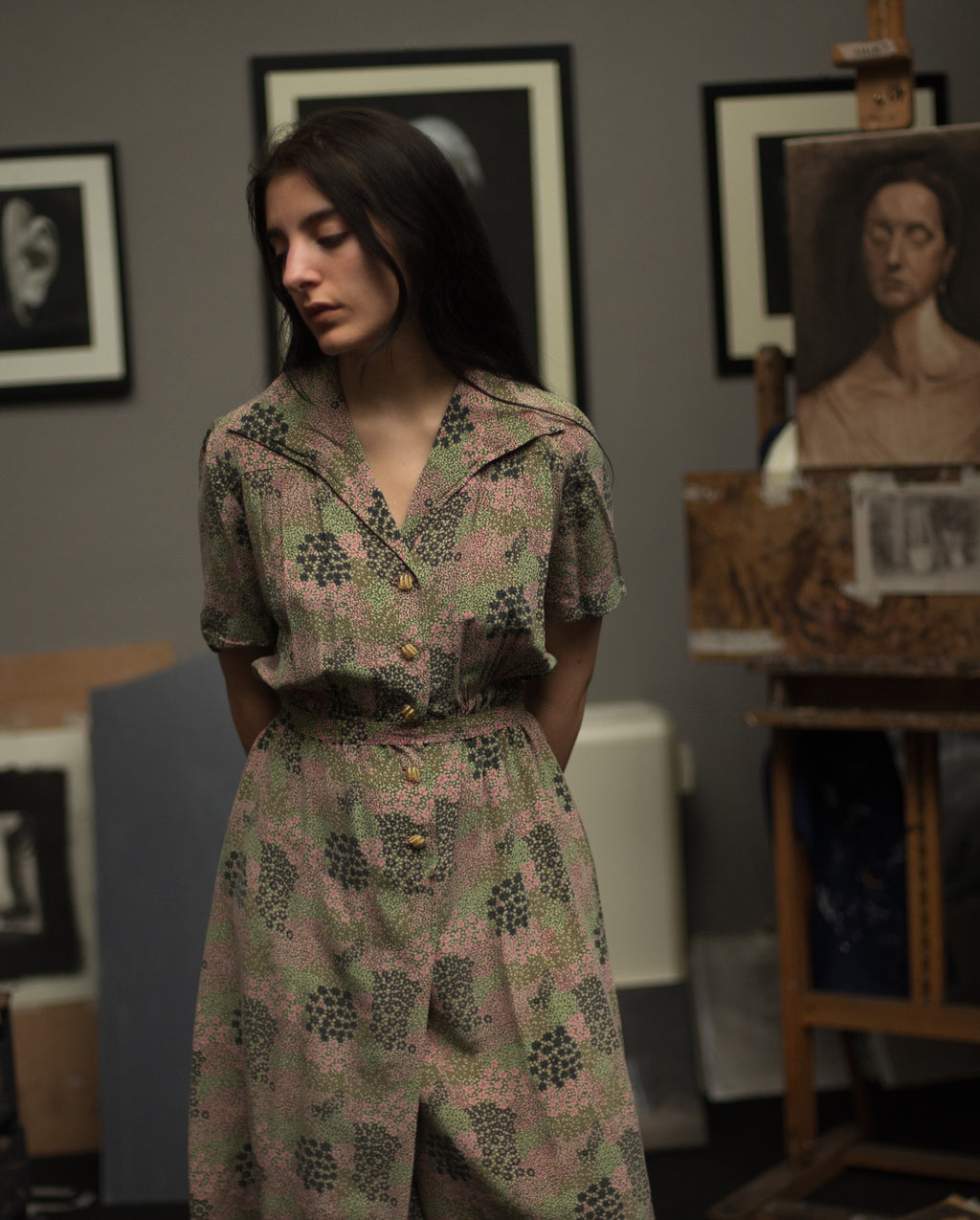1960s handmade silk ditsy floral shirt dress, fits up to large