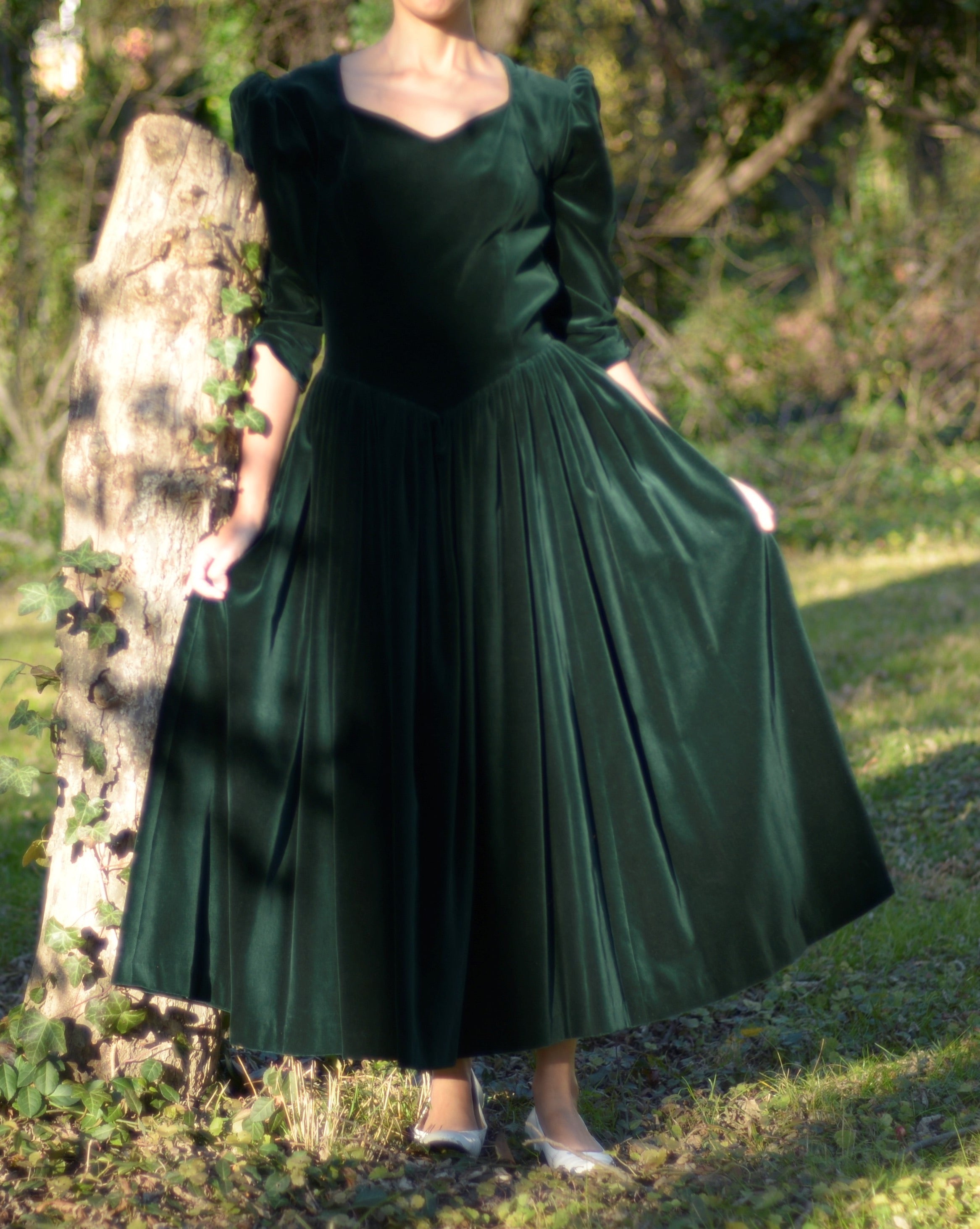 1980s Laura Ashley cotton velvet open back princess dress, 30” waist
