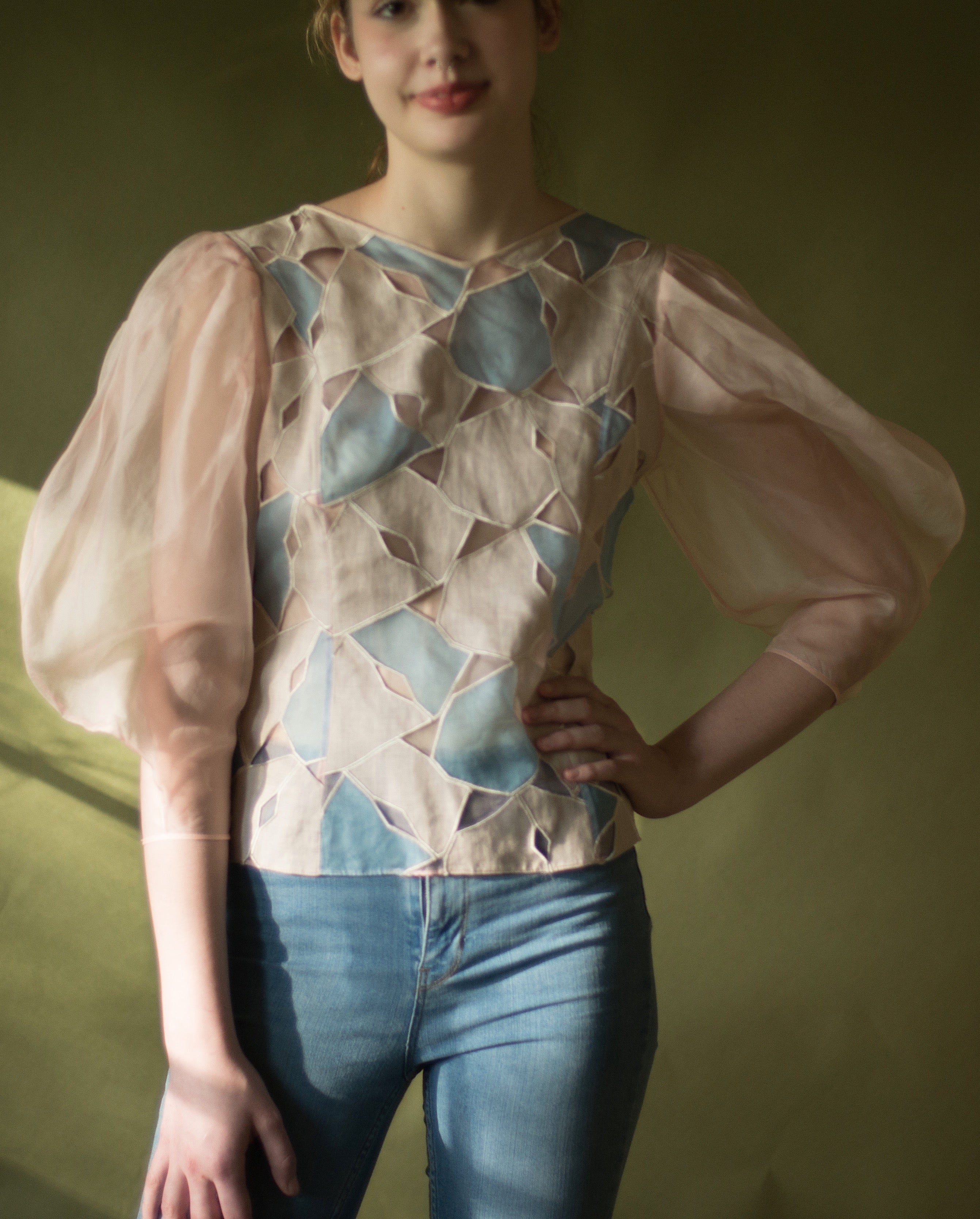 70s linen and organza patchwork lantern sleeve blouse, 36” bust