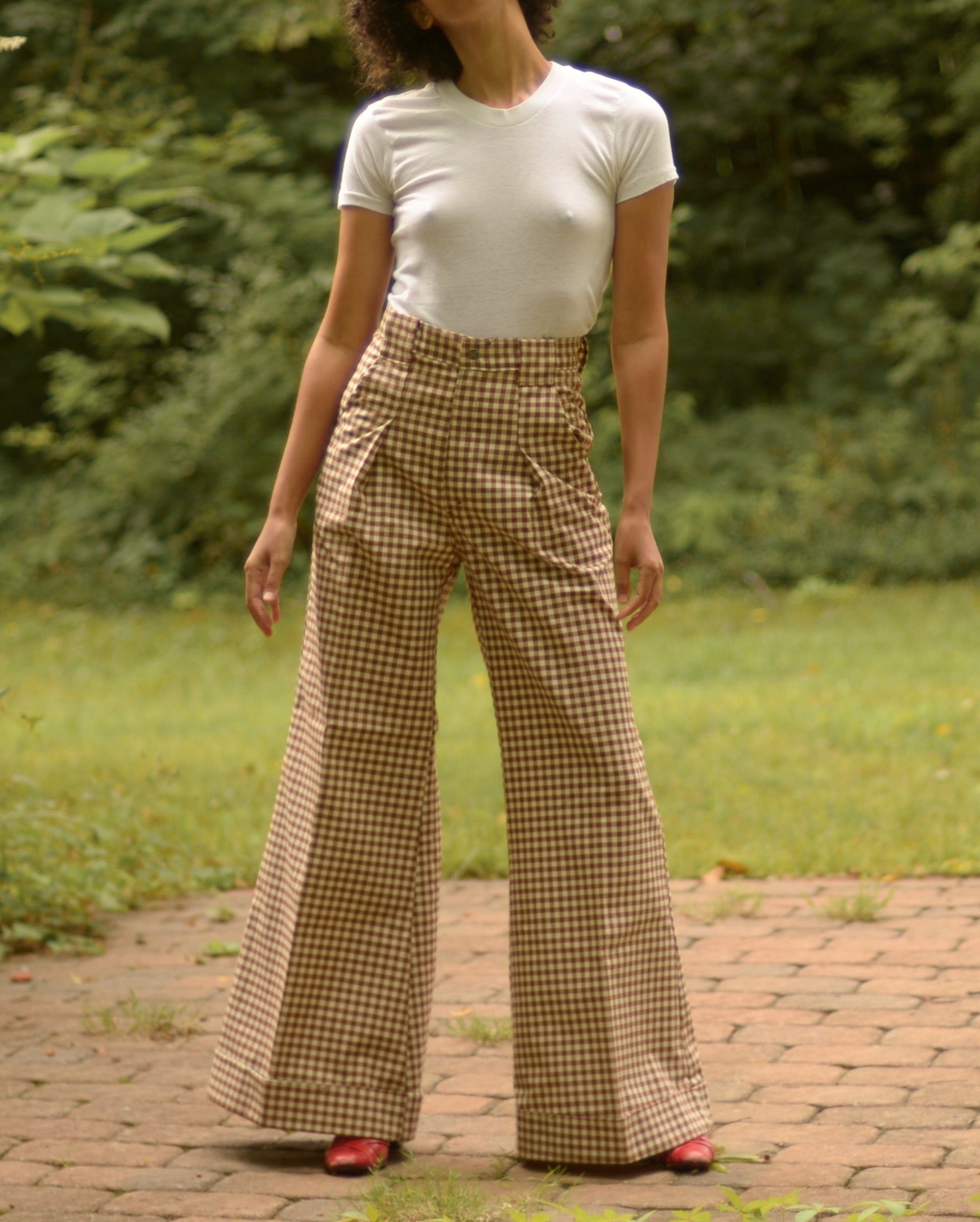 Rare 1970s thick cotton gingham ultra wide leg bell bottom trousers, 27w
