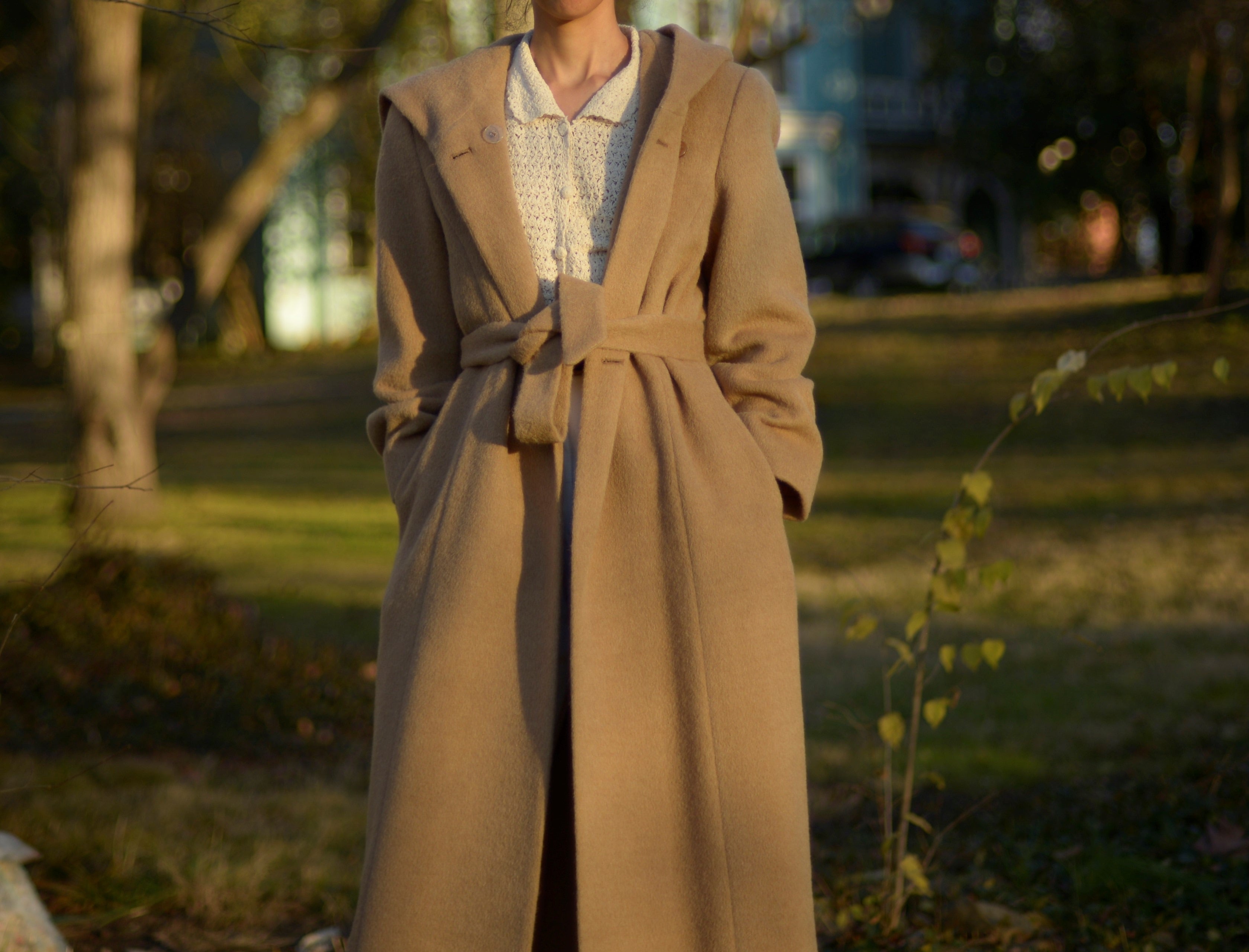90s tan wool alpaca blend hood full length coat