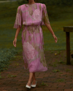 80s Hanae Mori silk chiffon floral flutter sleeve tea dress, US 14, large