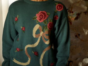 90s cotton ramie linen embroidered rose motif oversized sweater